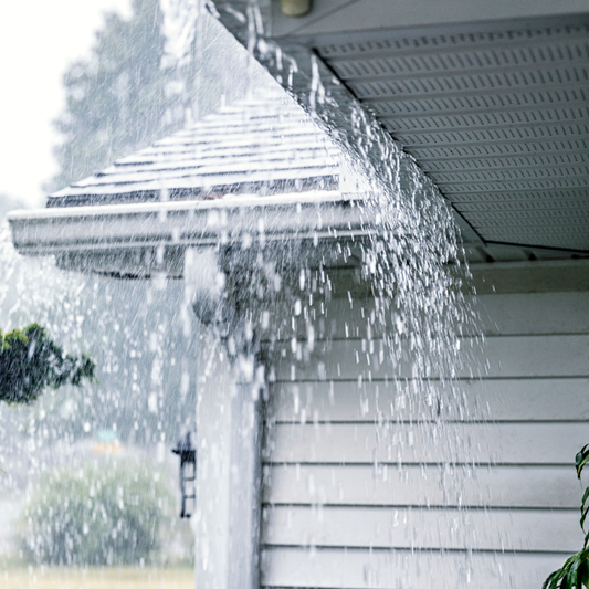 Close-up of a residential gutter and downspout on an Ontario home during spring rainfall — exterior maintenance inspection